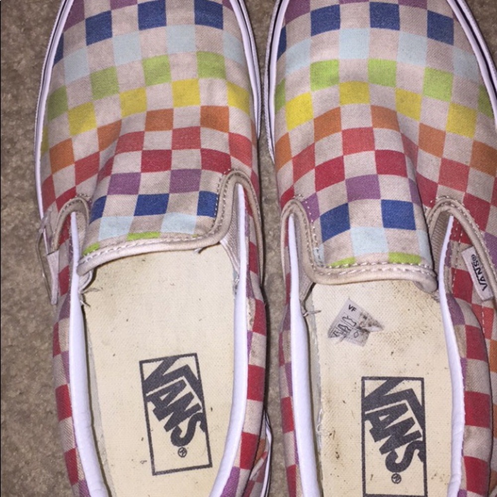 Rainbow checkerboard vans slip on